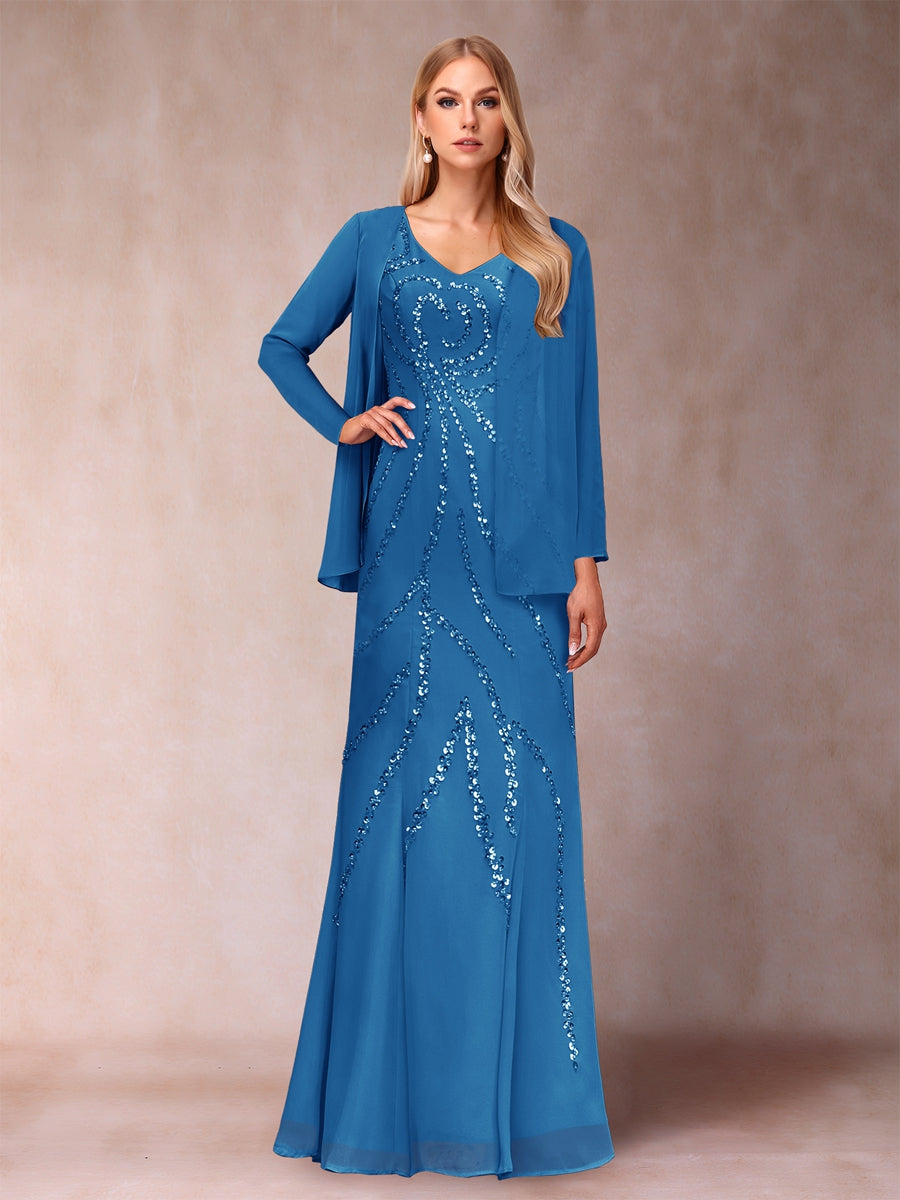 Etui-/Säulen-Kleid mit V-Ausschnitt und bodenlangem Brautmutterkleid mit Jacke und Pailletten
