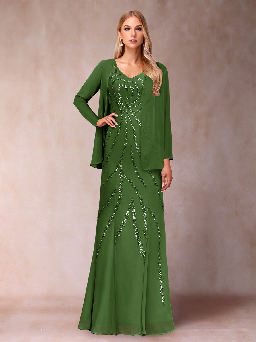 Etui-/Säulen-Kleid mit V-Ausschnitt und bodenlangem Brautmutterkleid mit Jacke und Pailletten