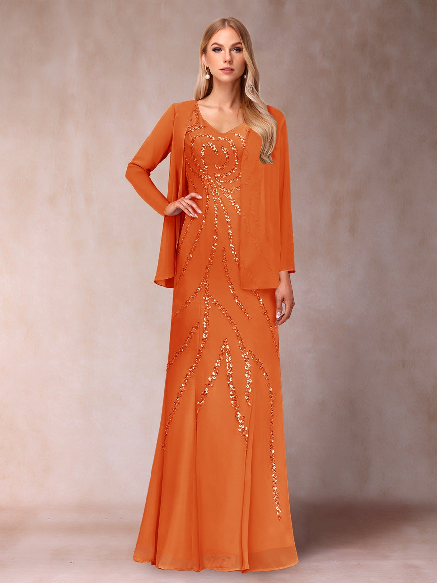 Etui-/Säulen-Kleid mit V-Ausschnitt und bodenlangem Brautmutterkleid mit Jacke und Pailletten