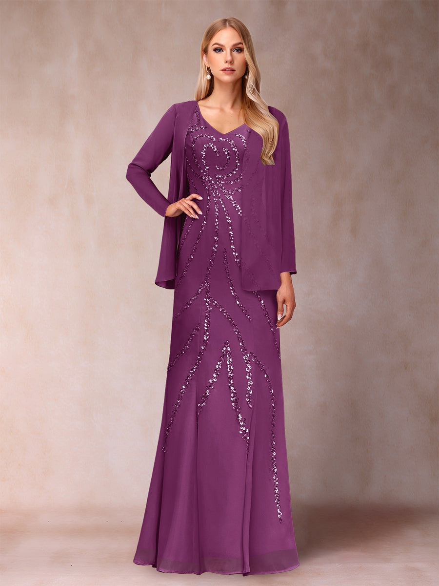 Etui-/Säulen-Kleid mit V-Ausschnitt und bodenlangem Brautmutterkleid mit Jacke und Pailletten