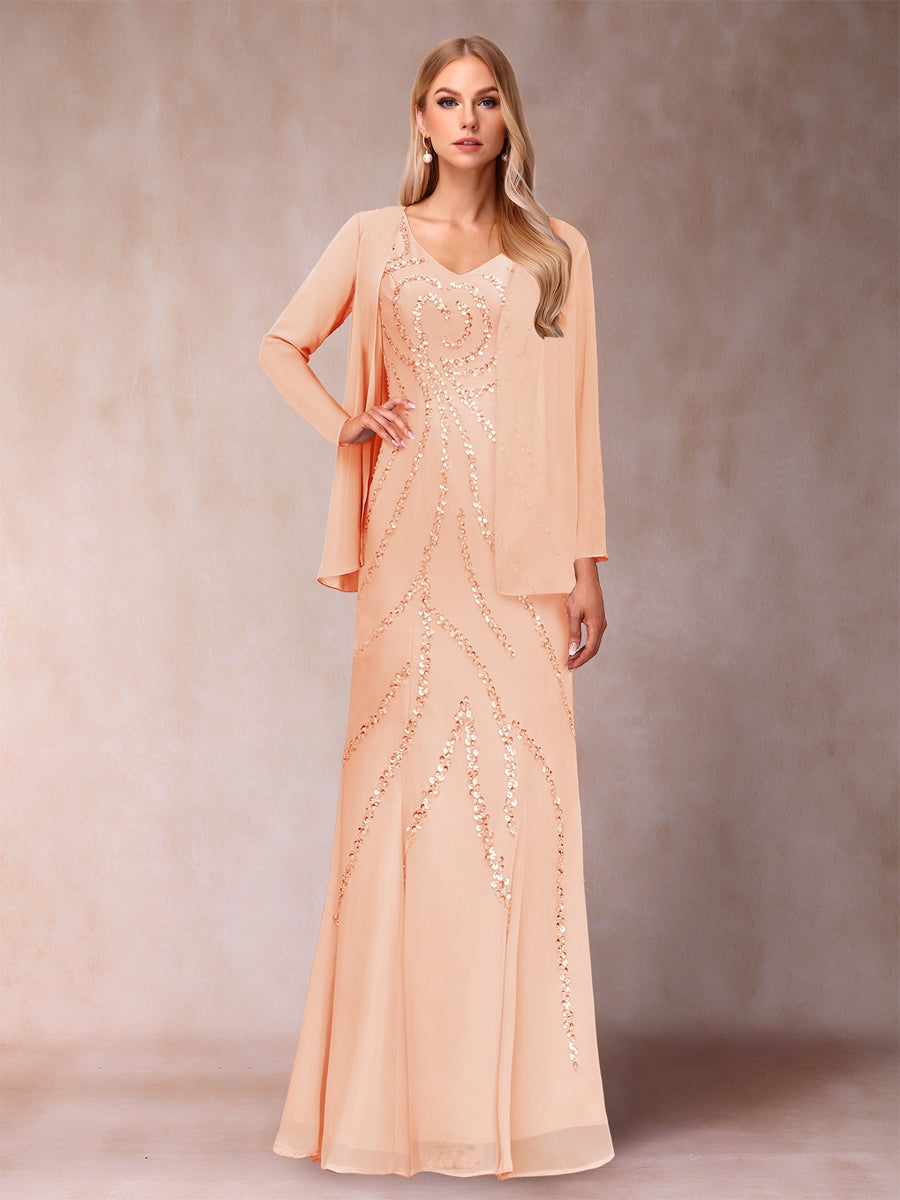 Etui-/Säulen-Kleid mit V-Ausschnitt und bodenlangem Brautmutterkleid mit Jacke und Pailletten