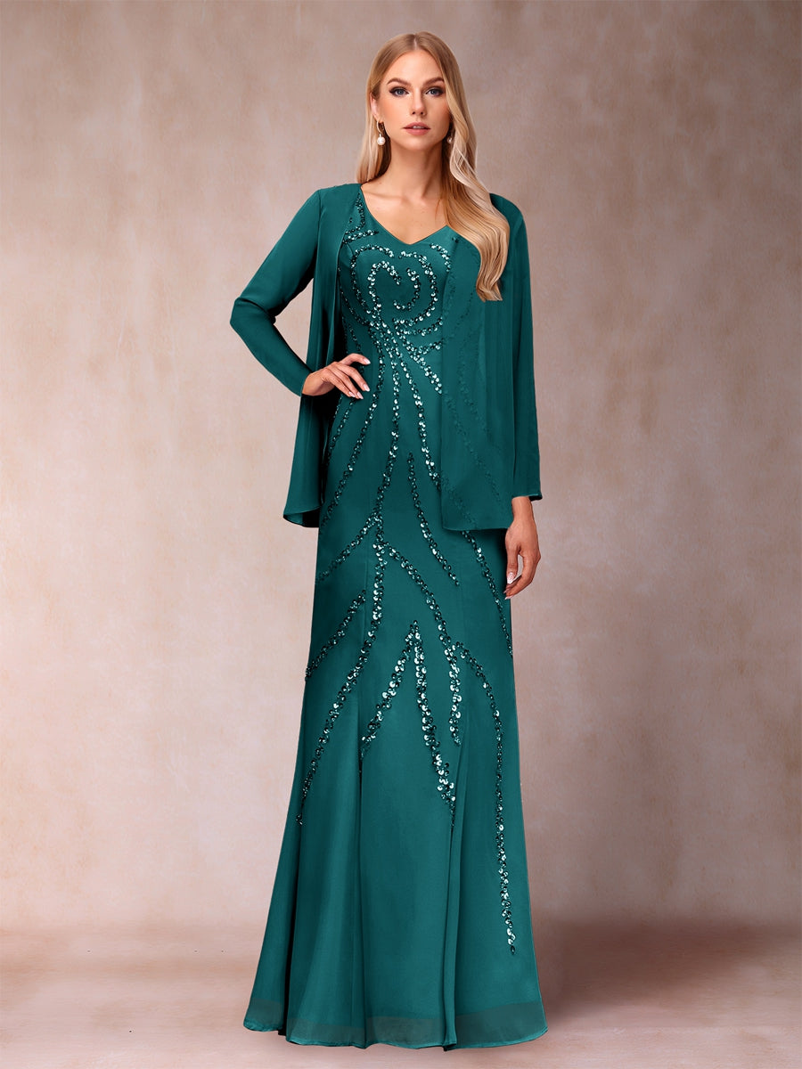 Etui-/Säulen-Kleid mit V-Ausschnitt und bodenlangem Brautmutterkleid mit Jacke und Pailletten