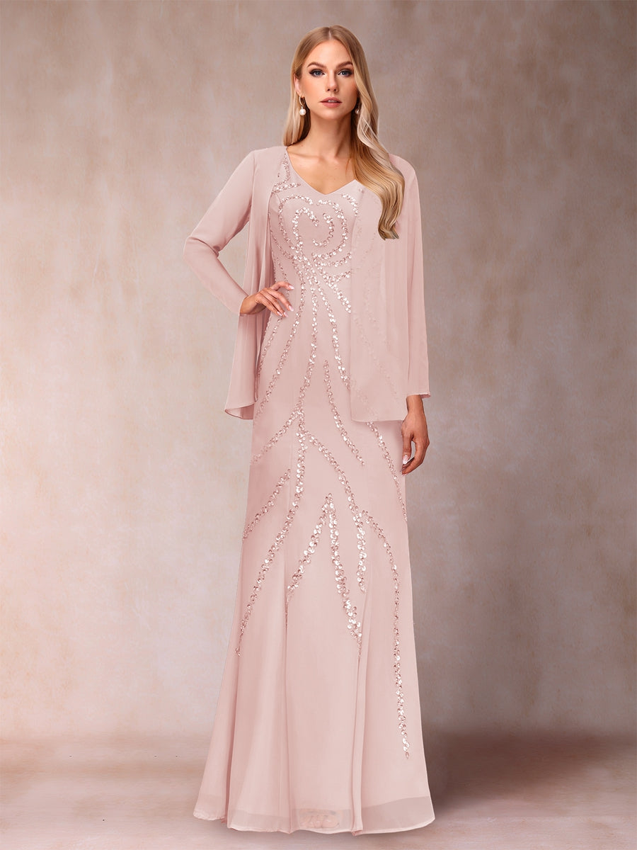 Etui-/Säulen-Kleid mit V-Ausschnitt und bodenlangem Brautmutterkleid mit Jacke und Pailletten