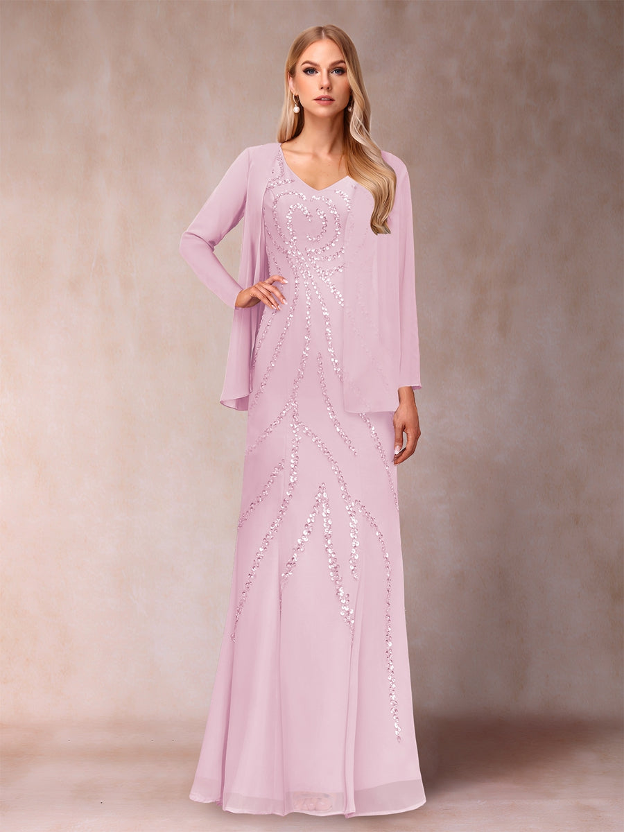 Etui-/Säulen-Kleid mit V-Ausschnitt und bodenlangem Brautmutterkleid mit Jacke und Pailletten