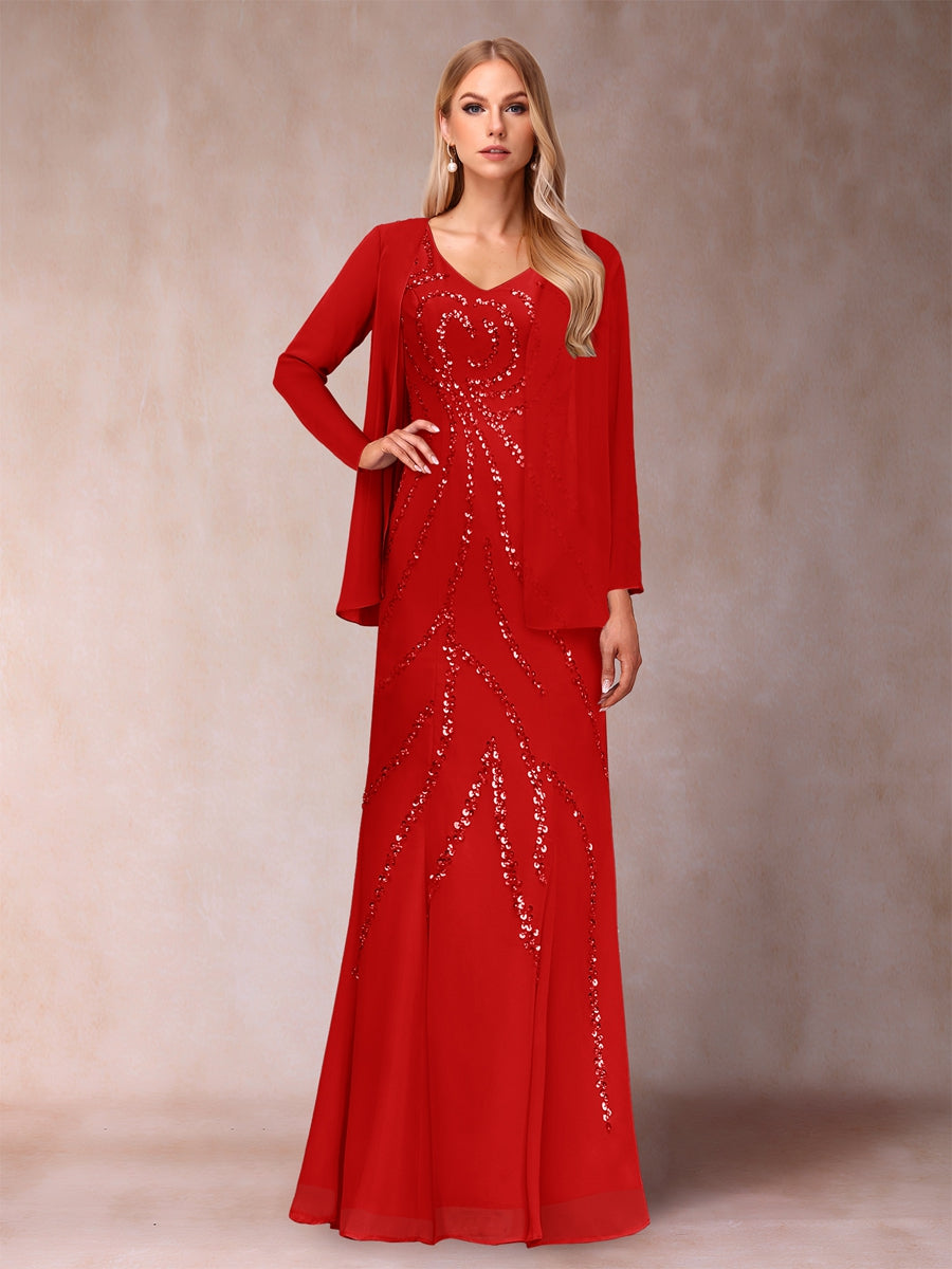 Etui-/Säulen-Kleid mit V-Ausschnitt und bodenlangem Brautmutterkleid mit Jacke und Pailletten
