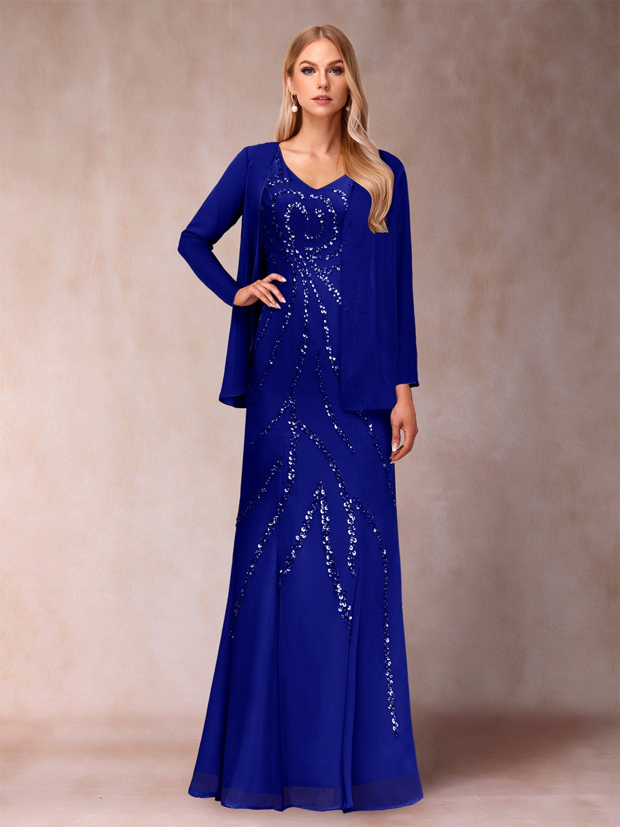 Etui-/Säulen-Kleid mit V-Ausschnitt und bodenlangem Brautmutterkleid mit Jacke und Pailletten