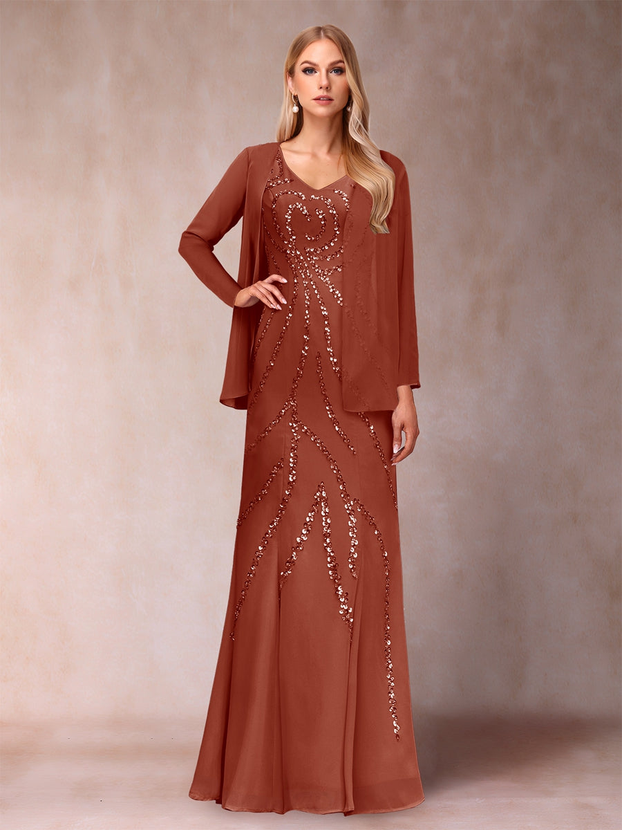 Etui-/Säulen-Kleid mit V-Ausschnitt und bodenlangem Brautmutterkleid mit Jacke und Pailletten