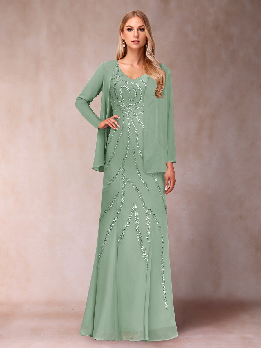 Etui-/Säulen-Kleid mit V-Ausschnitt und bodenlangem Brautmutterkleid mit Jacke und Pailletten