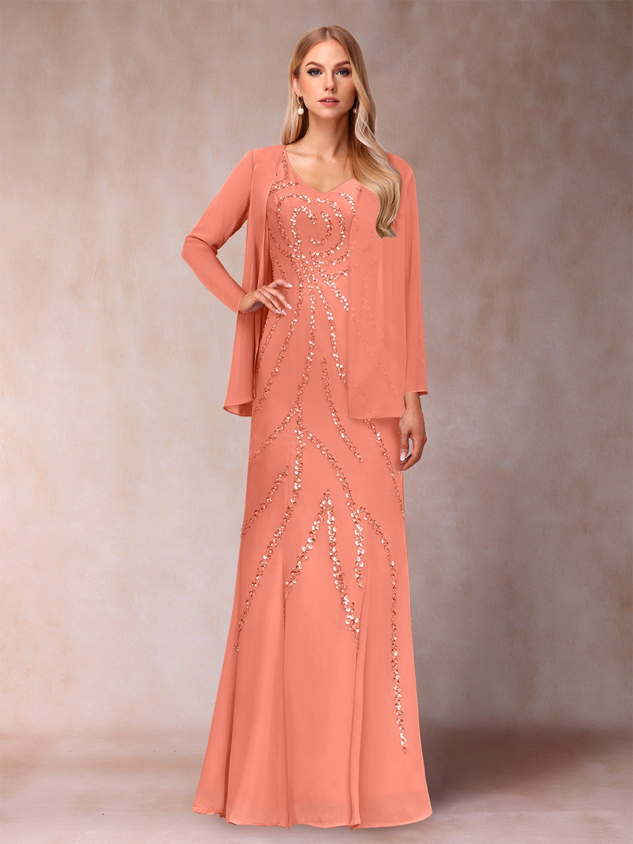 Etui-/Säulen-Kleid mit V-Ausschnitt und bodenlangem Brautmutterkleid mit Jacke und Pailletten
