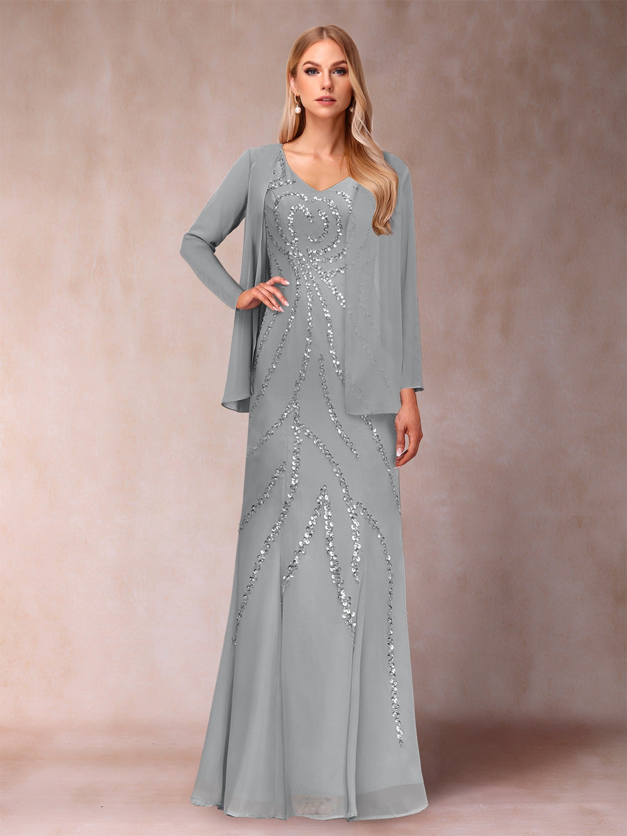 Etui-/Säulen-Kleid mit V-Ausschnitt und bodenlangem Brautmutterkleid mit Jacke und Pailletten