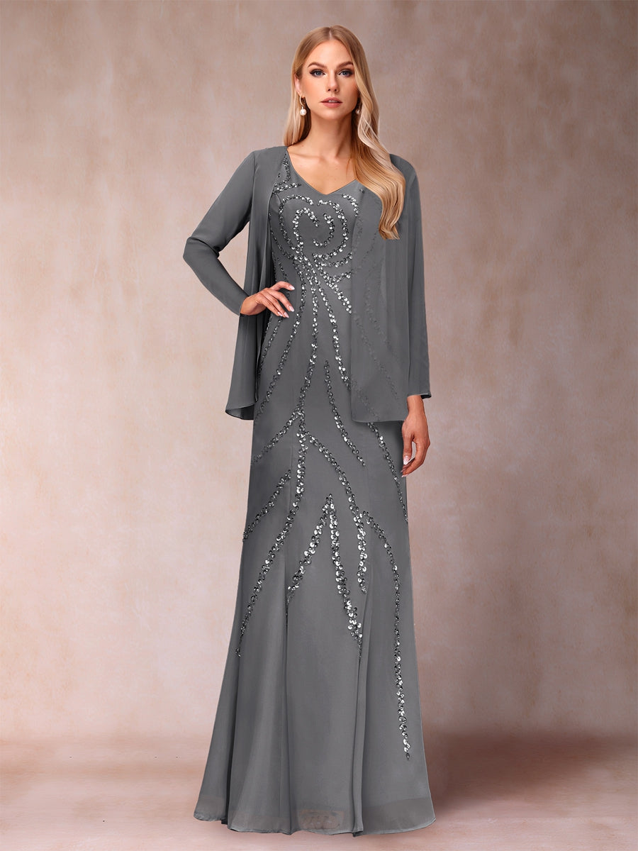 Etui-/Säulen-Kleid mit V-Ausschnitt und bodenlangem Brautmutterkleid mit Jacke und Pailletten