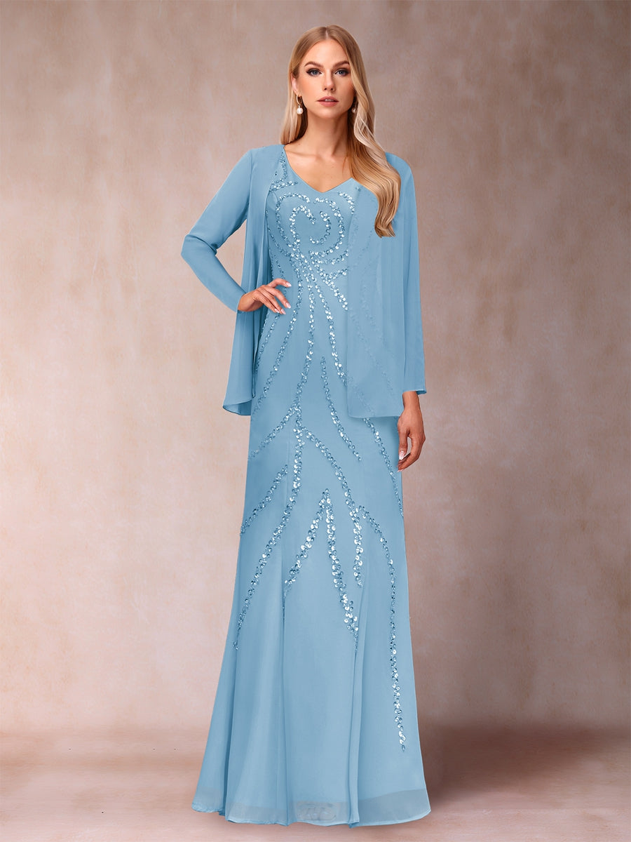 Etui-/Säulen-Kleid mit V-Ausschnitt und bodenlangem Brautmutterkleid mit Jacke und Pailletten