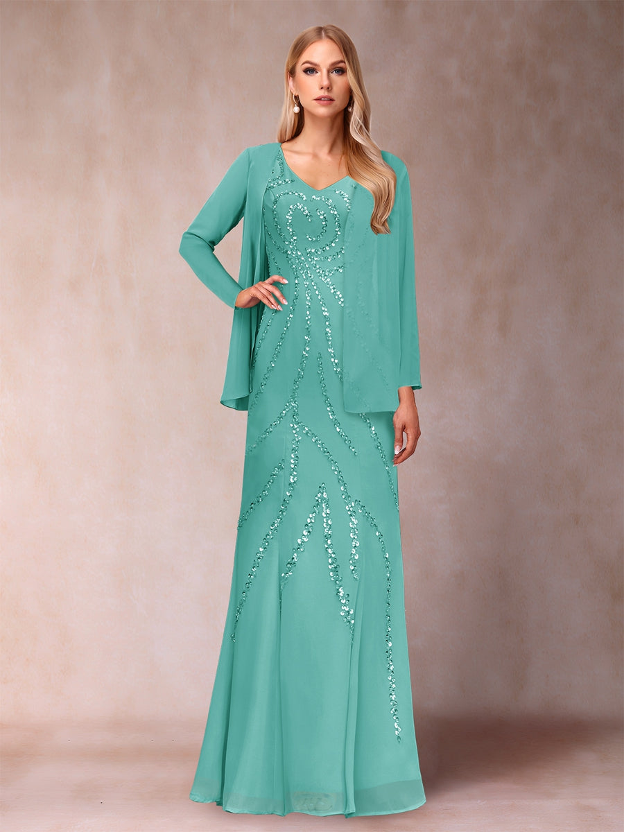 Etui-/Säulen-Kleid mit V-Ausschnitt und bodenlangem Brautmutterkleid mit Jacke und Pailletten
