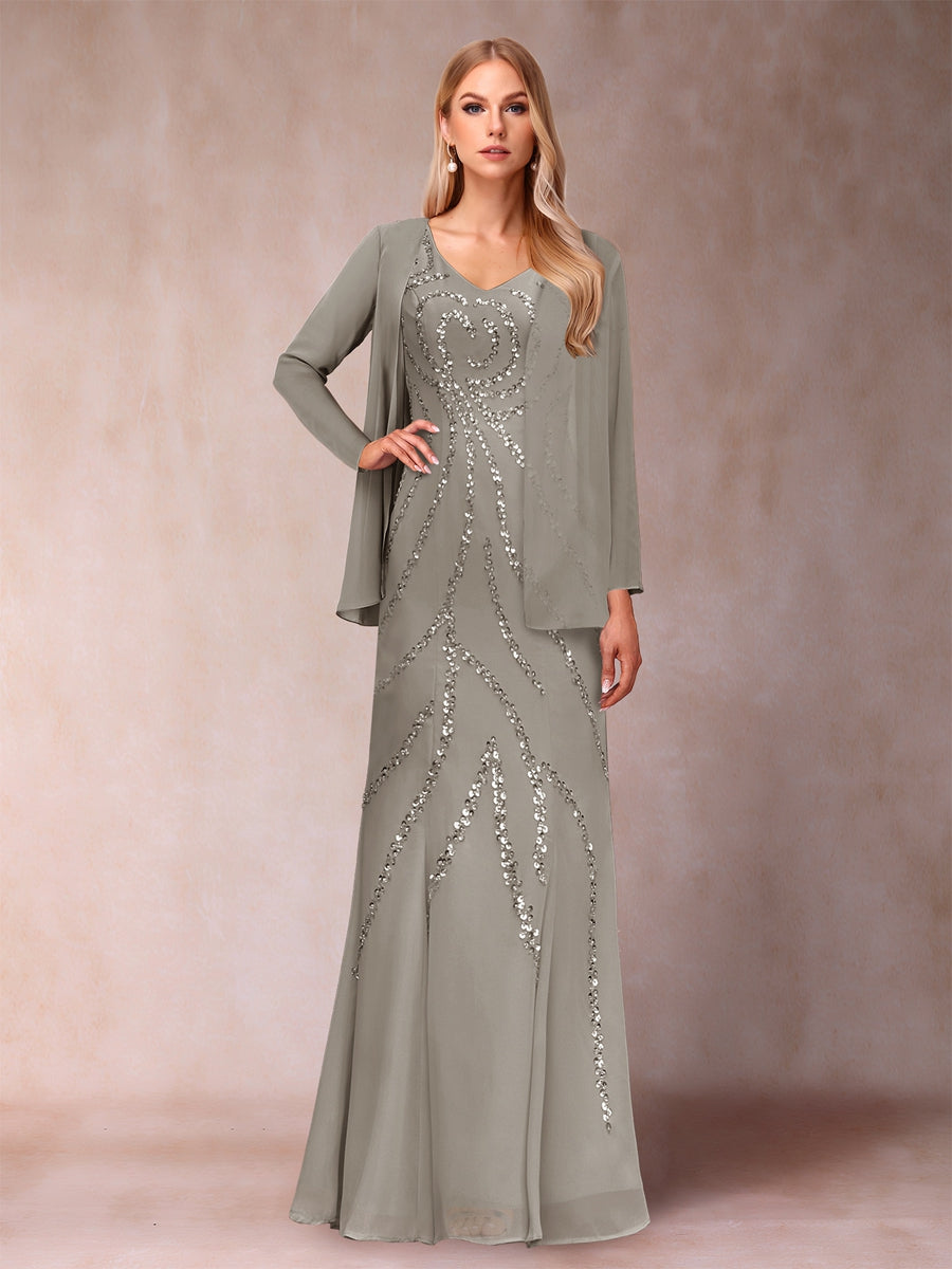 Etui-/Säulen-Kleid mit V-Ausschnitt und bodenlangem Brautmutterkleid mit Jacke und Pailletten