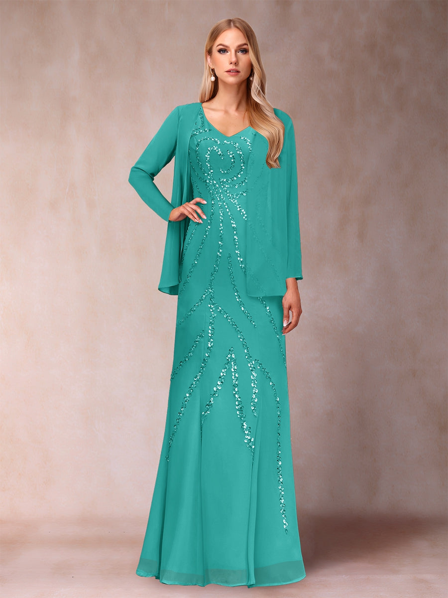 Etui-/Säulen-Kleid mit V-Ausschnitt und bodenlangem Brautmutterkleid mit Jacke und Pailletten