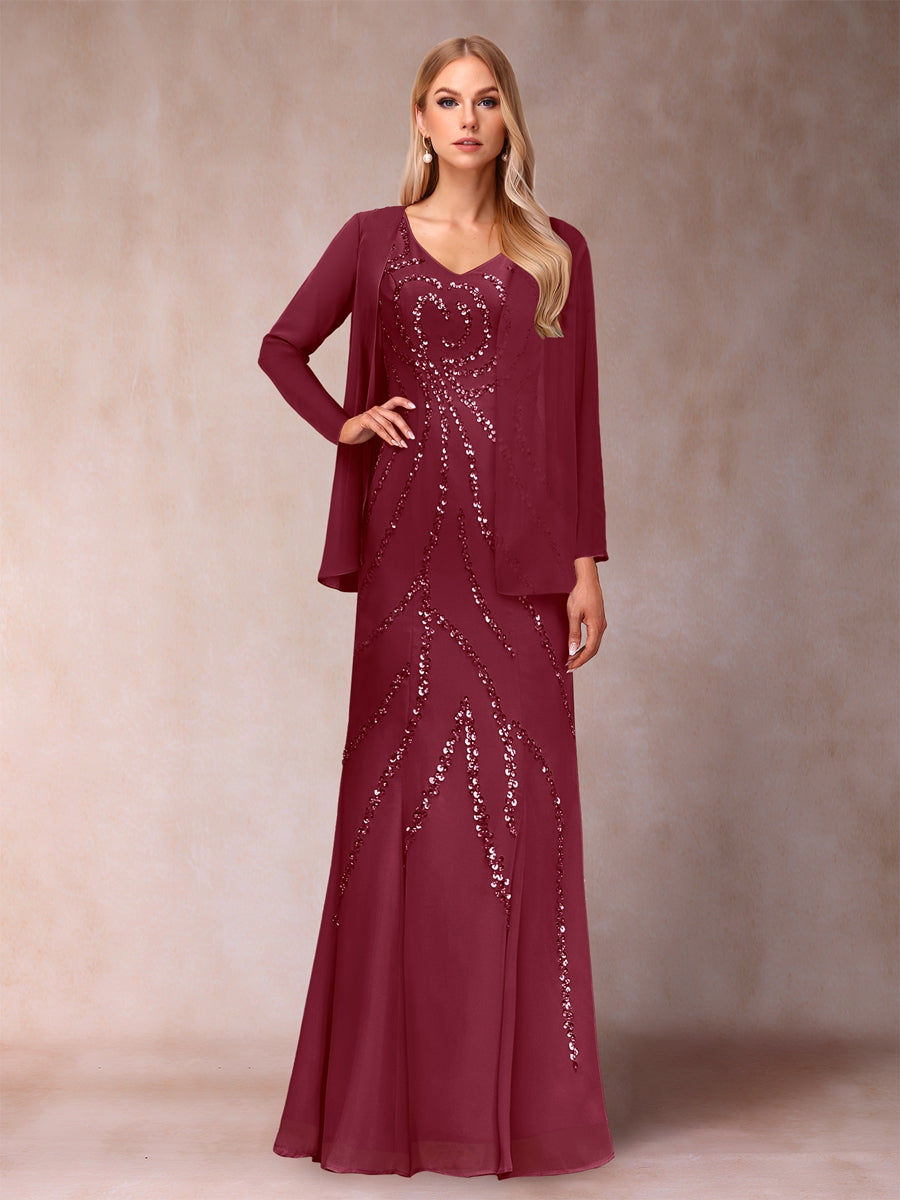 Etui-/Säulen-Kleid mit V-Ausschnitt und bodenlangem Brautmutterkleid mit Jacke und Pailletten