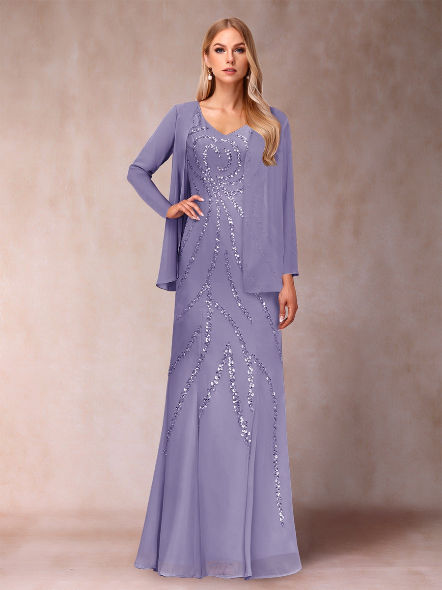 Etui-/Säulen-Kleid mit V-Ausschnitt und bodenlangem Brautmutterkleid mit Jacke und Pailletten