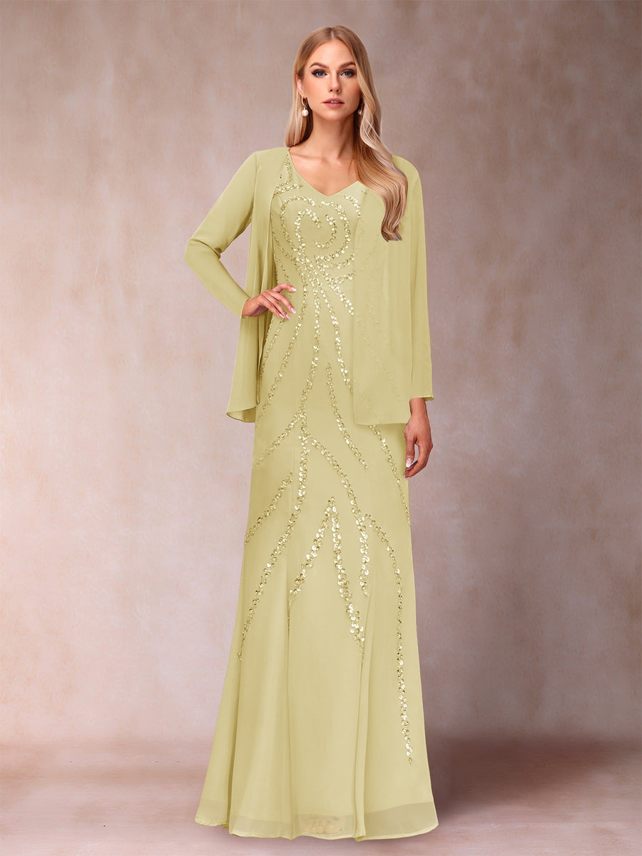 Etui-/Säulen-Kleid mit V-Ausschnitt und bodenlangem Brautmutterkleid mit Jacke und Pailletten