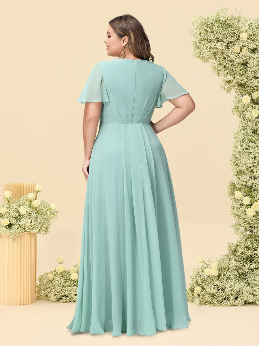 A-Linie/Princess-Linie V-Ausschnitt Ärmellos Chiffon Große Größen Brautjungfernkleider mit Taschen