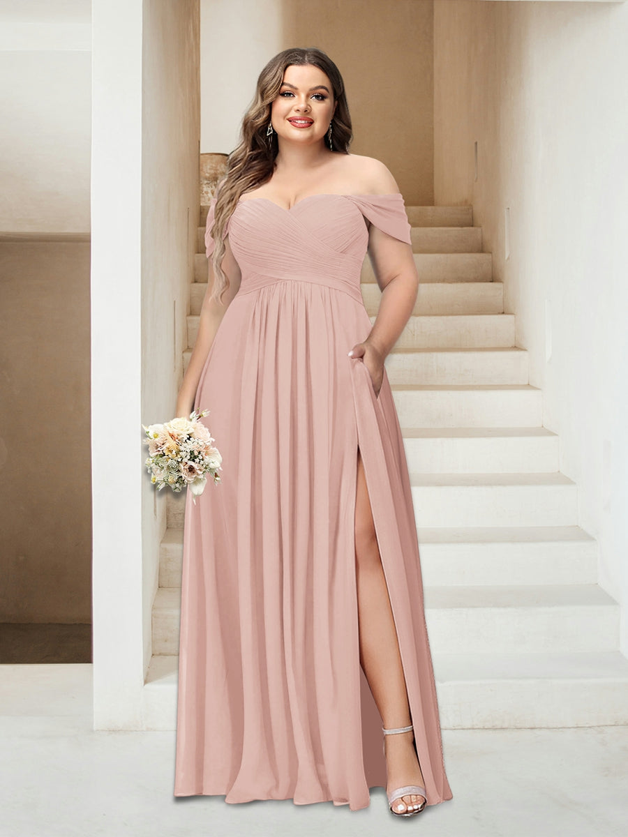 A-Linie/Princess-Linie Schulterfrei Ärmellos Chiffon Große Größen Brautjungfernkleider mit Taschen