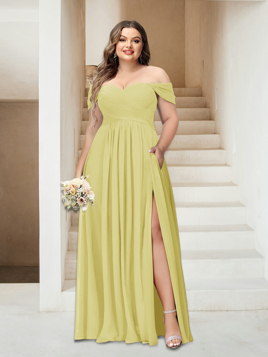 A-Linie/Princess-Linie Schulterfrei Ärmellos Chiffon Große Größen Brautjungfernkleider mit Taschen