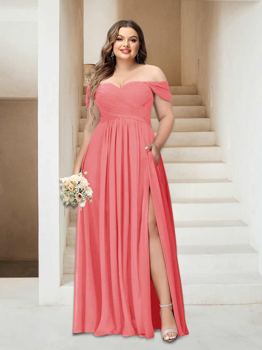 A-Linie/Princess-Linie Schulterfrei Ärmellos Chiffon Große Größen Brautjungfernkleider mit Taschen