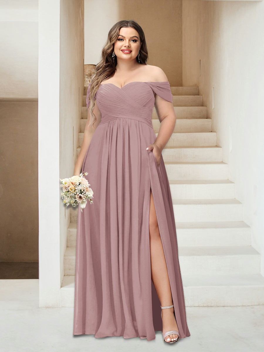 A-Linie/Princess-Linie Schulterfrei Ärmellos Chiffon Große Größen Brautjungfernkleider mit Taschen