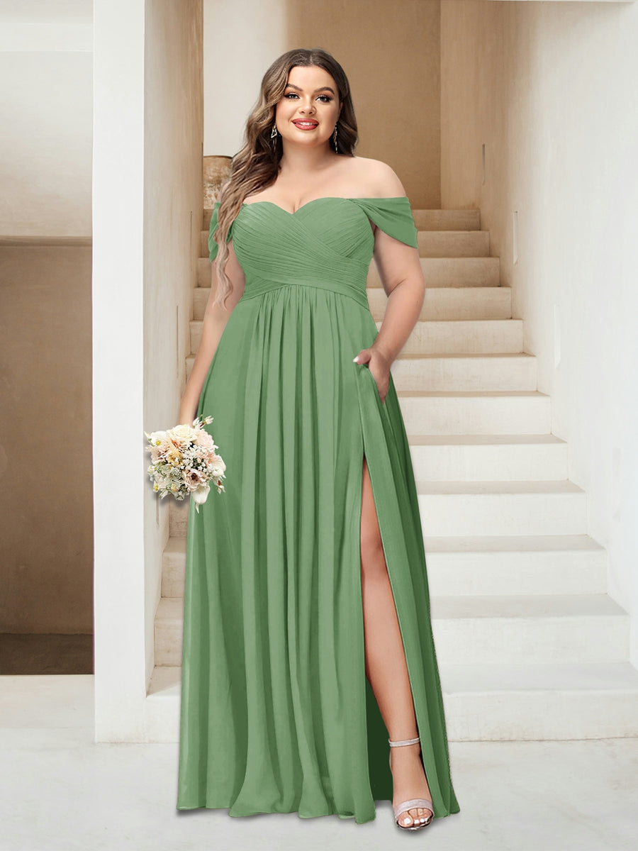 A-Linie/Princess-Linie Schulterfrei Ärmellos Chiffon Große Größen Brautjungfernkleider mit Taschen