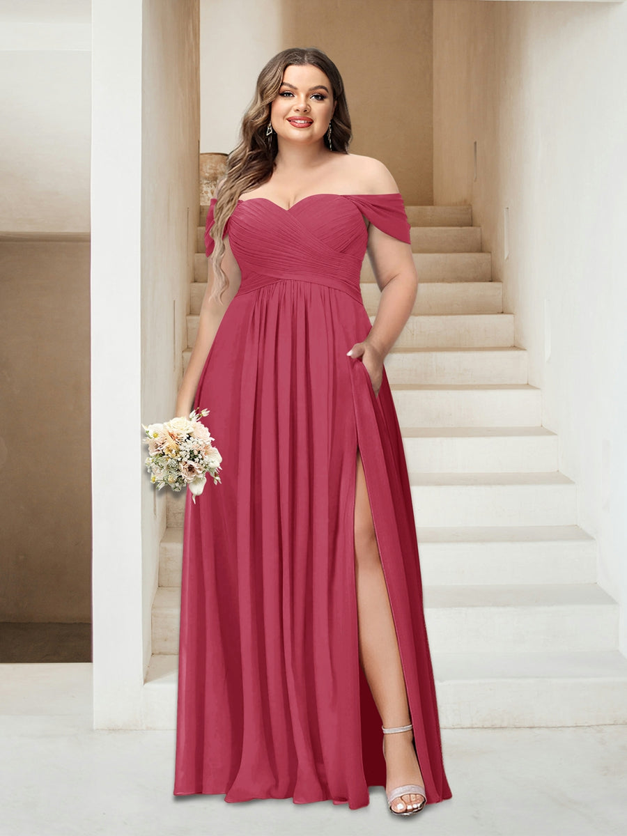 A-Linie/Princess-Linie Schulterfrei Ärmellos Chiffon Große Größen Brautjungfernkleider mit Taschen
