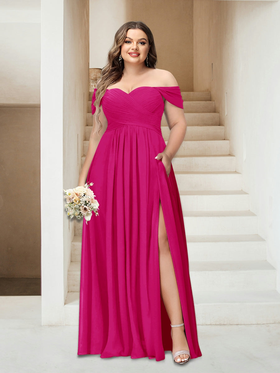 A-Linie/Princess-Linie Schulterfrei Ärmellos Chiffon Große Größen Brautjungfernkleider mit Taschen