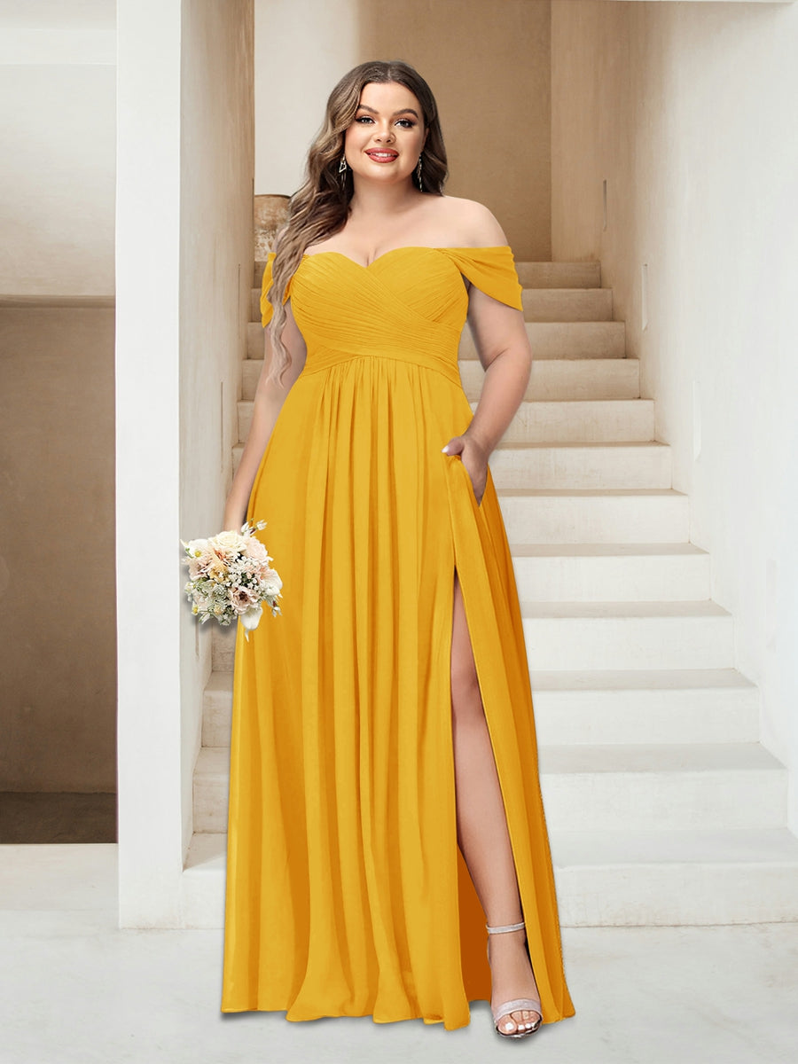A-Linie/Princess-Linie Schulterfrei Ärmellos Chiffon Große Größen Brautjungfernkleider mit Taschen