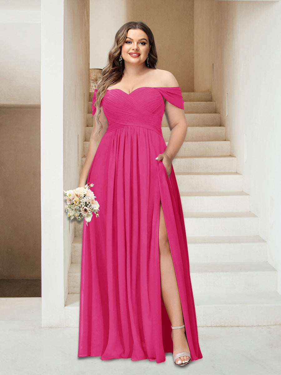 A-Linie/Princess-Linie Schulterfrei Ärmellos Chiffon Große Größen Brautjungfernkleider mit Taschen