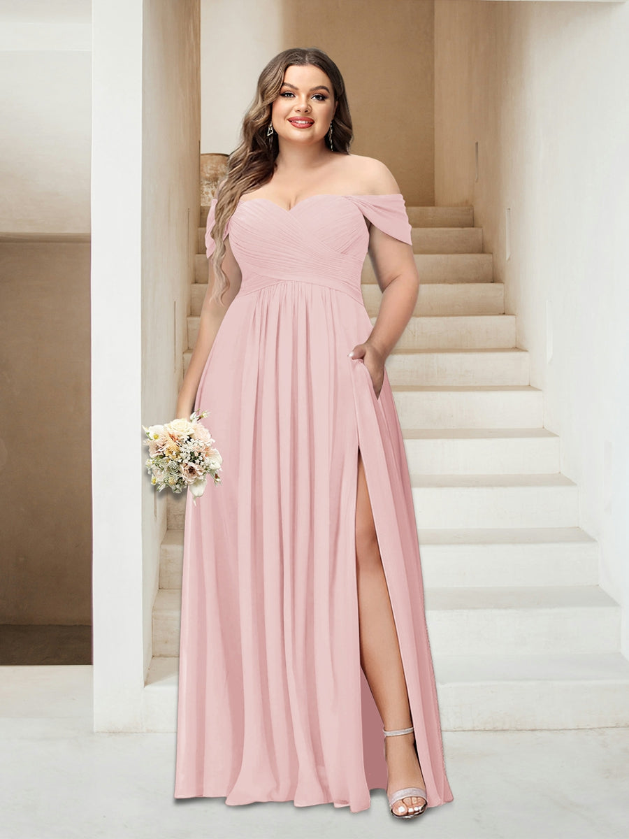 A-Linie/Princess-Linie Schulterfrei Ärmellos Chiffon Große Größen Brautjungfernkleider mit Taschen