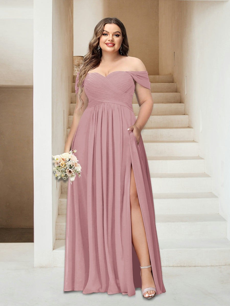 A-Linie/Princess-Linie Schulterfrei Ärmellos Chiffon Große Größen Brautjungfernkleider mit Taschen