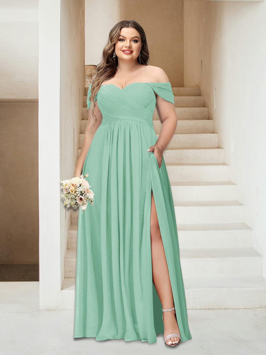 A-Linie/Princess-Linie Schulterfrei Ärmellos Chiffon Große Größen Brautjungfernkleider mit Taschen