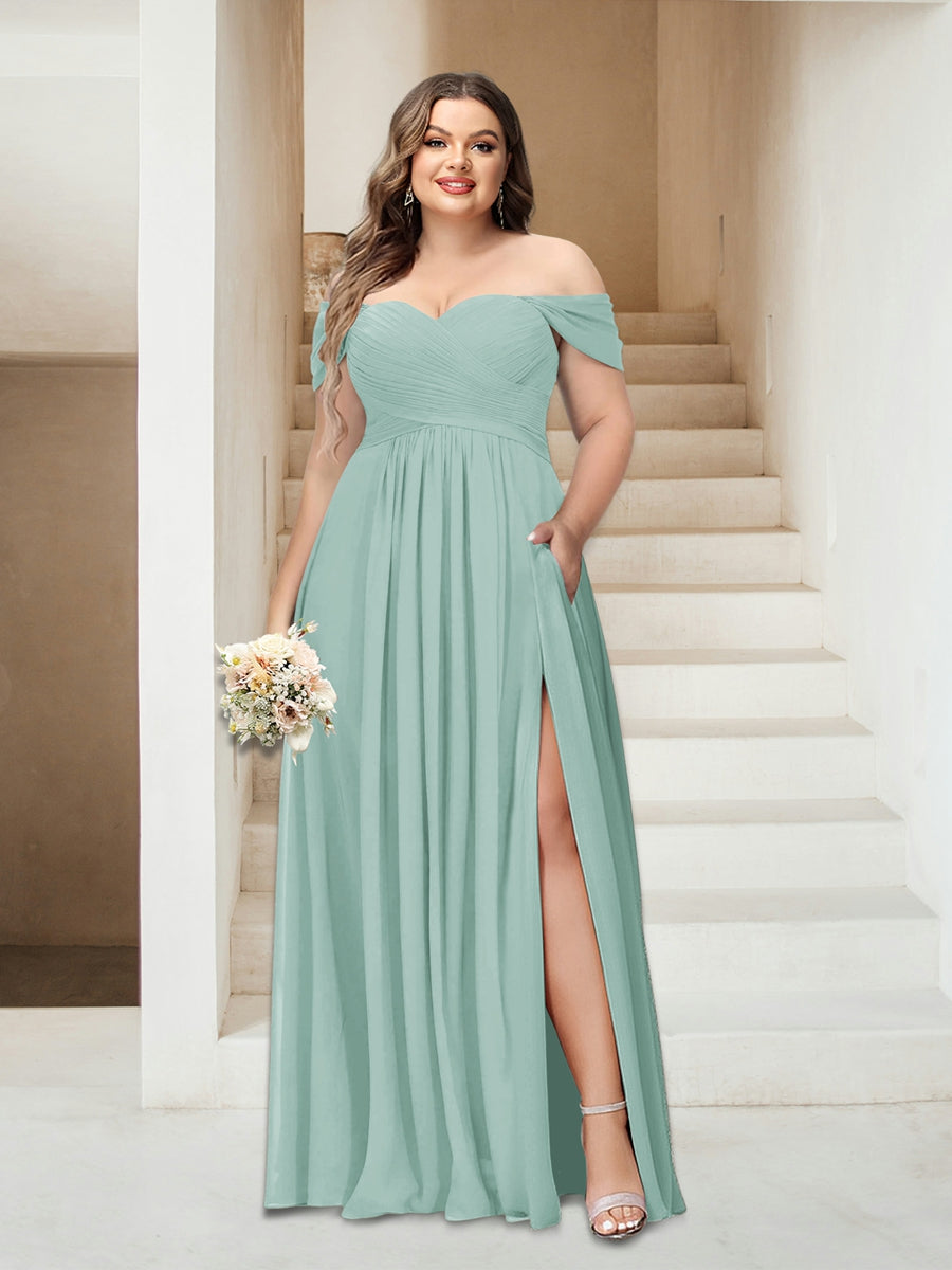A-Linie/Princess-Linie Schulterfrei Ärmellos Chiffon Große Größen Brautjungfernkleider mit Taschen