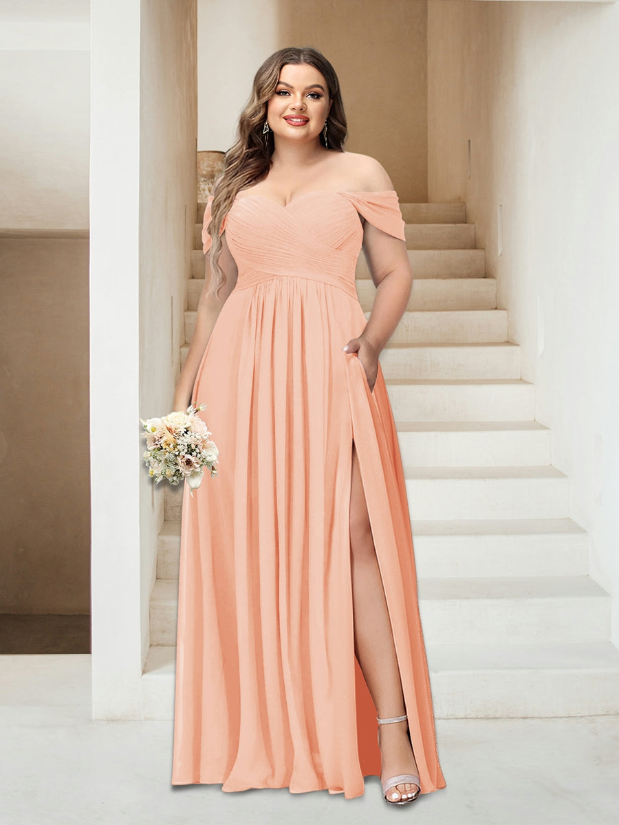 A-Linie/Princess-Linie Schulterfrei Ärmellos Chiffon Große Größen Brautjungfernkleider mit Taschen