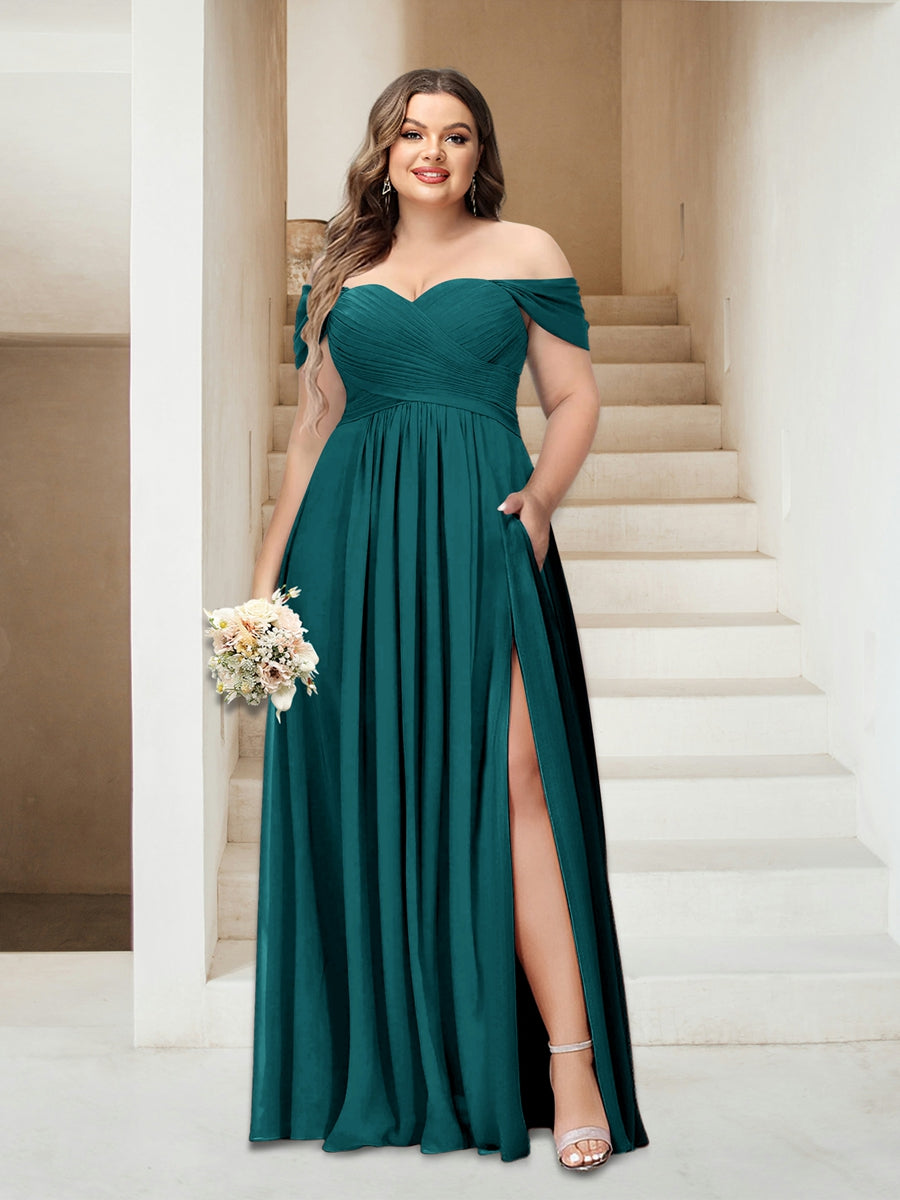 A-Linie/Princess-Linie Schulterfrei Ärmellos Chiffon Große Größen Brautjungfernkleider mit Taschen