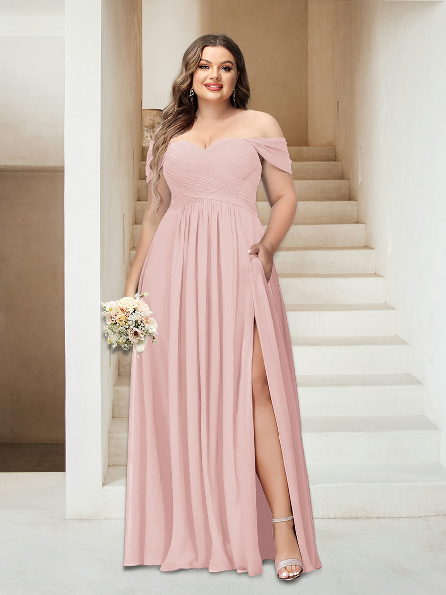 A-Linie/Princess-Linie Schulterfrei Ärmellos Chiffon Große Größen Brautjungfernkleider mit Taschen