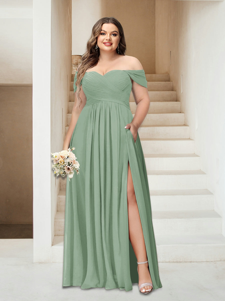 A-Linie/Princess-Linie Schulterfrei Ärmellos Chiffon Große Größen Brautjungfernkleider mit Taschen
