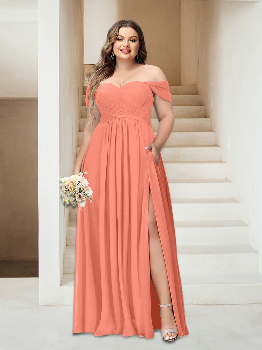 A-Linie/Princess-Linie Schulterfrei Ärmellos Chiffon Große Größen Brautjungfernkleider mit Taschen