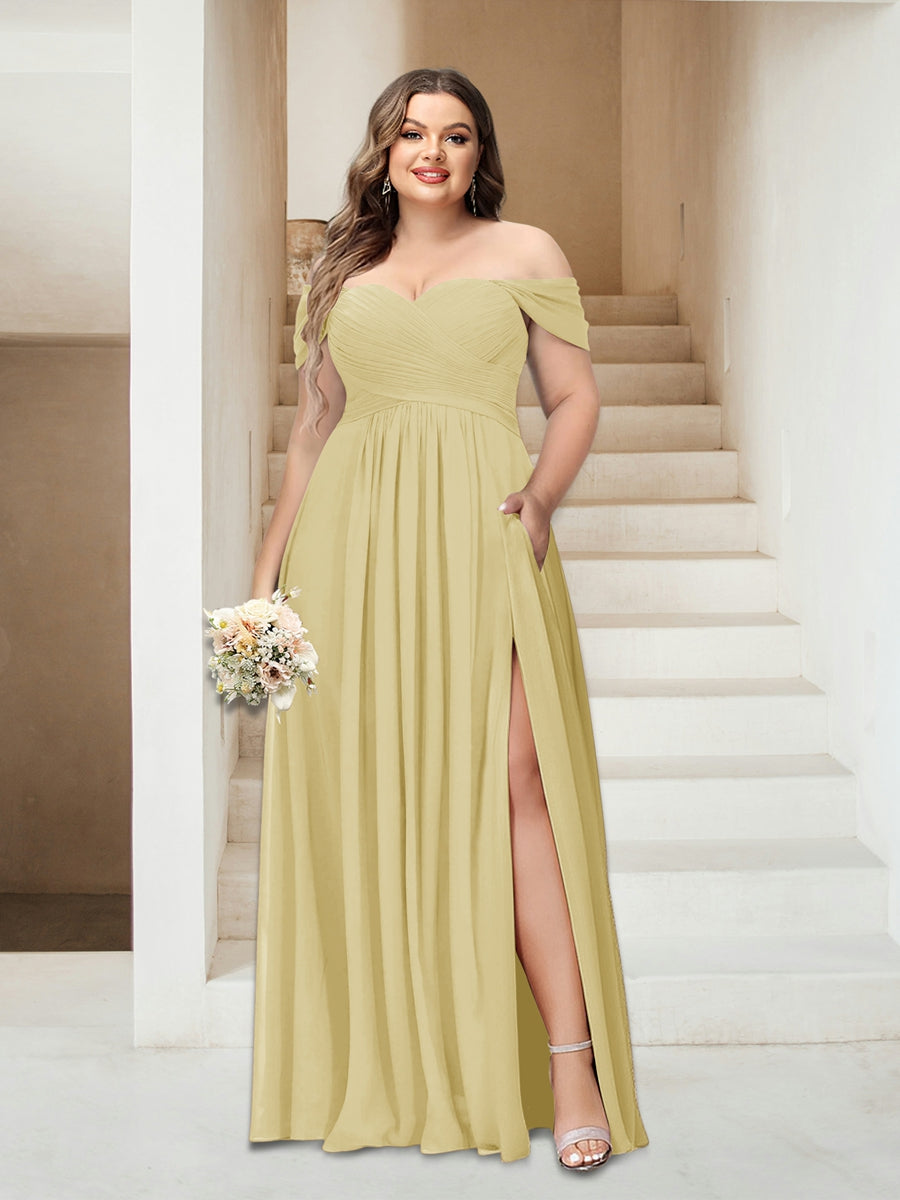 A-Linie/Princess-Linie Schulterfrei Ärmellos Chiffon Große Größen Brautjungfernkleider mit Taschen