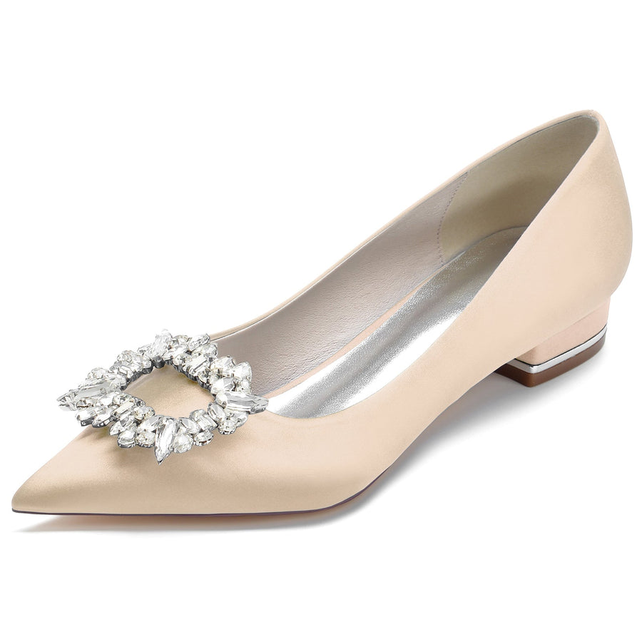 Damen Seidensatin Geschlossene Zehenpartie Mit Strass Flachem Absatz Hochzeitsschuhe