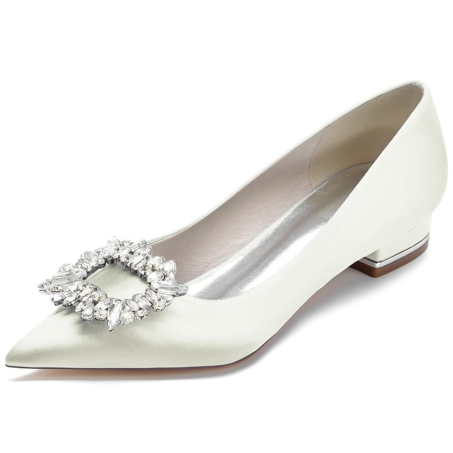 Damen Seidensatin Geschlossene Zehenpartie Mit Strass Flachem Absatz Hochzeitsschuhe