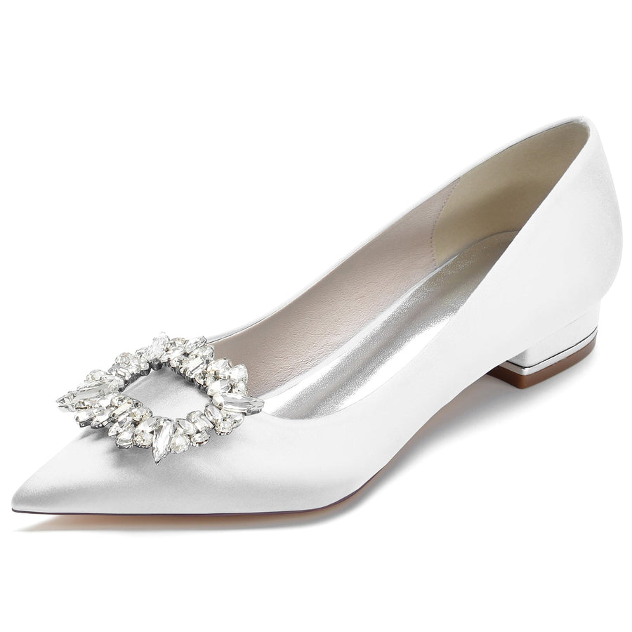 Damen Seidensatin Geschlossene Zehenpartie Mit Strass Flachem Absatz Hochzeitsschuhe