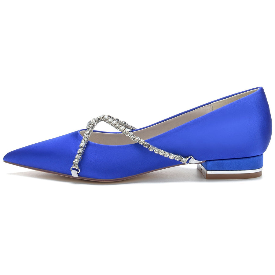 Damen Seidensatin mit geschlossener Spitze Strass Flacher Absatz Hochzeitsschuhe