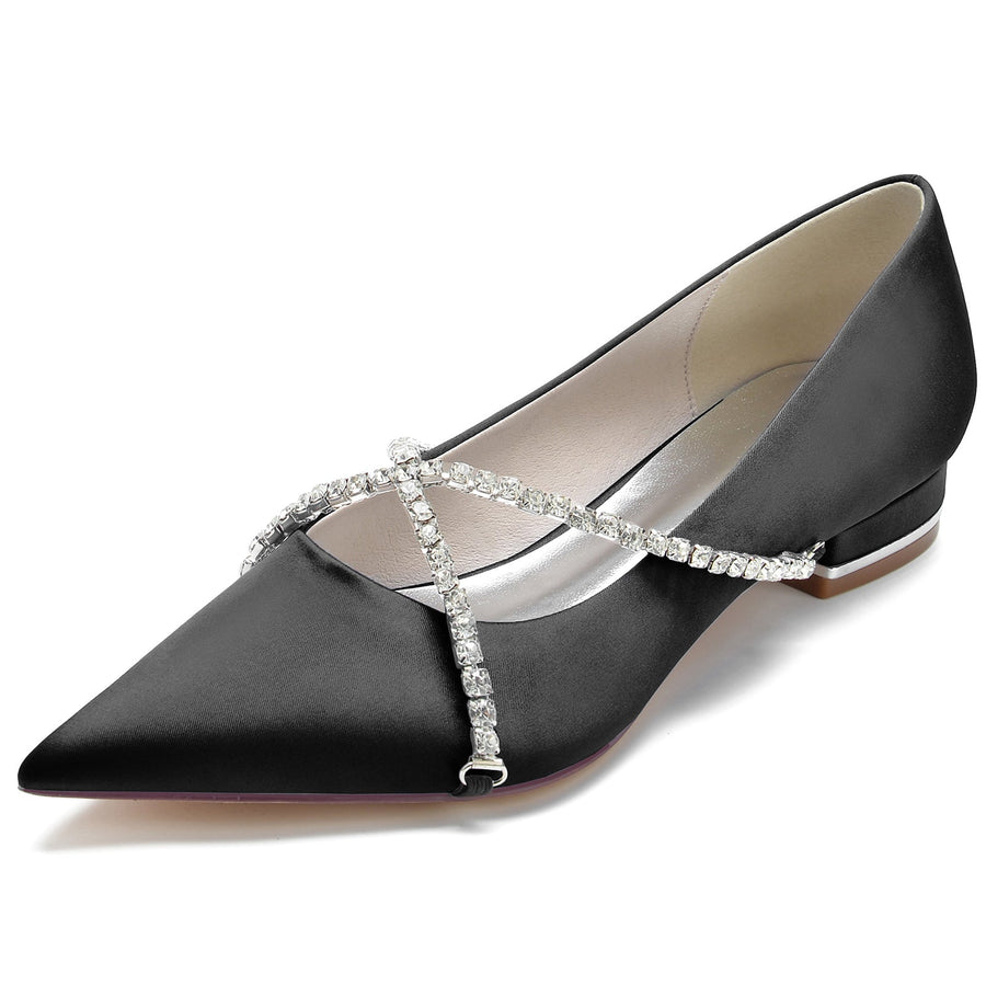 Damen Seidensatin mit geschlossener Spitze Strass Flacher Absatz Hochzeitsschuhe