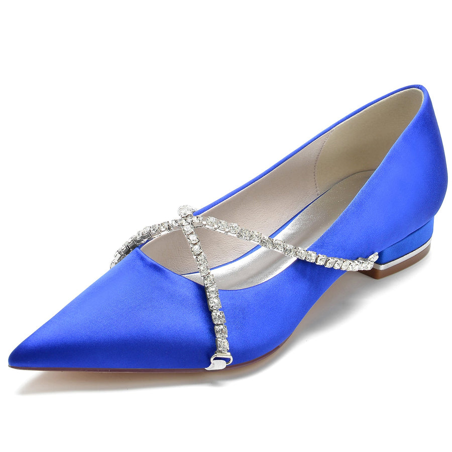 Damen Seidensatin mit geschlossener Spitze Strass Flacher Absatz Hochzeitsschuhe