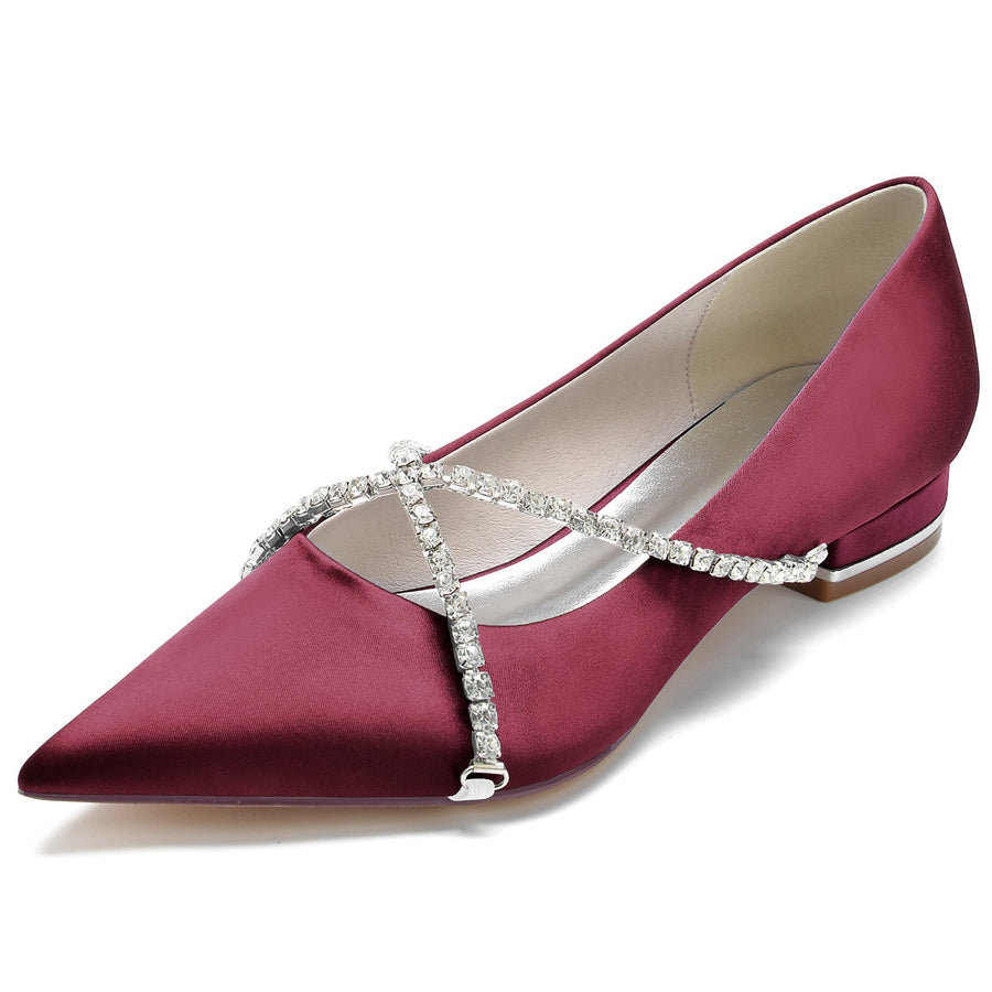 Damen Seidensatin mit geschlossener Spitze Strass Flacher Absatz Hochzeitsschuhe