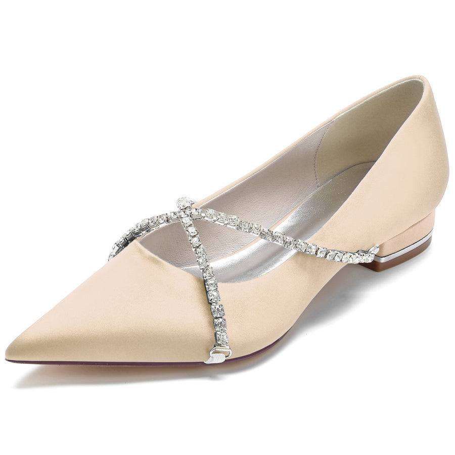 Damen Seidensatin mit geschlossener Spitze Strass Flacher Absatz Hochzeitsschuhe